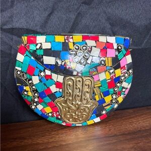 Ramla Colorful Mosaic‎ Clutch with Shoulder Strap and Brass Hamsa